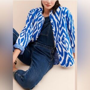 Anthropologie Nora Quilted Jacket Blue White Snap Up Size Medium